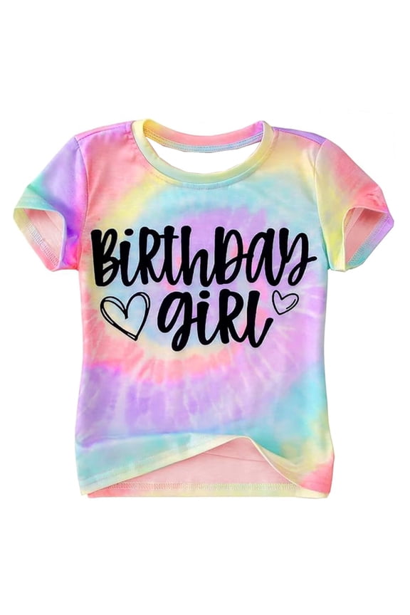 Birthday Girl Shirt for Kids Cute Tie Dye Short Sleeve Graphic Tee Tops Rainbow Printed Toddler Fashion Summer Clothes A01 Pink 6-7 Years