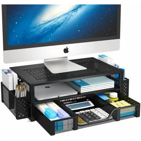 2 Tier Metal Monitor Stand Monitor riser and Computer Desk Organizer with Drawer and Pen Holder for Laptop, Computer, iMac, Black