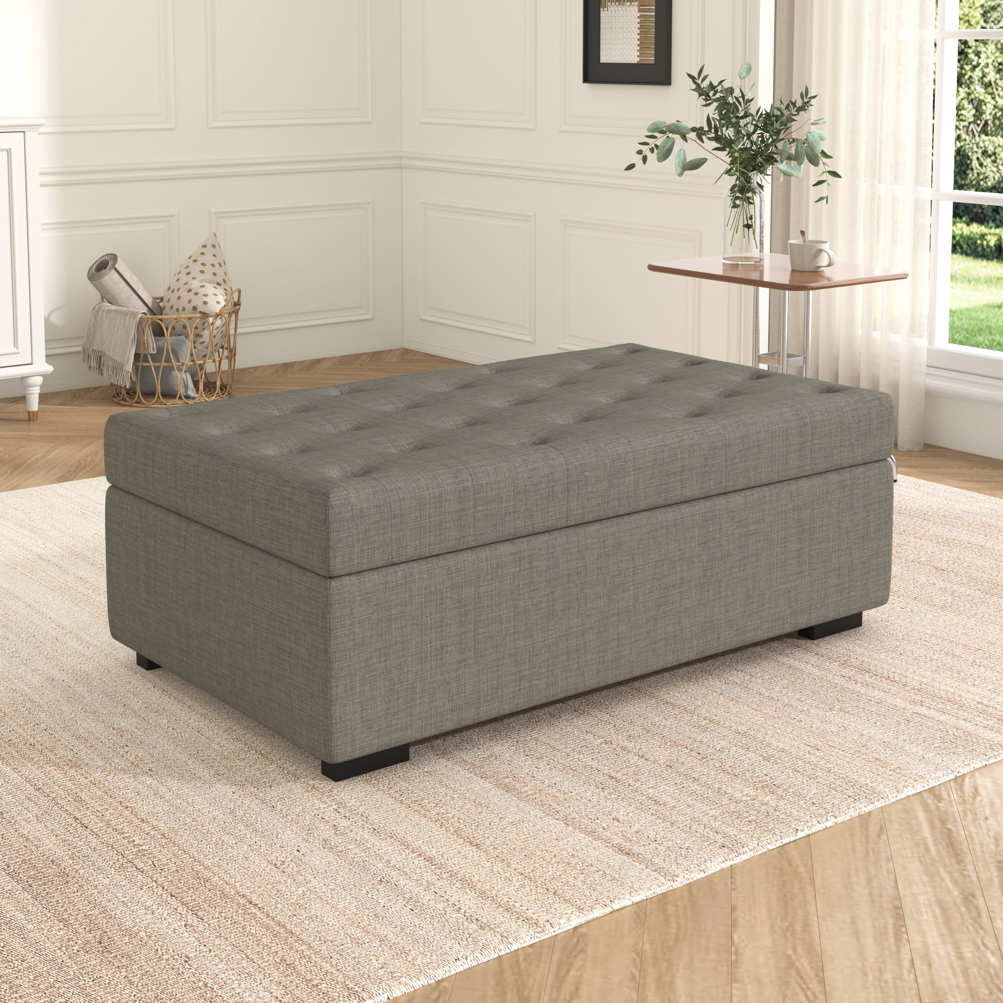 Euroco Convertible Ottoman Sleeper Bed with Memory Foam Mattress, Folding Twin Bed for Guests, Tufted Linen Upholstery, Iron Frame, Space-Saving Sofa Bed