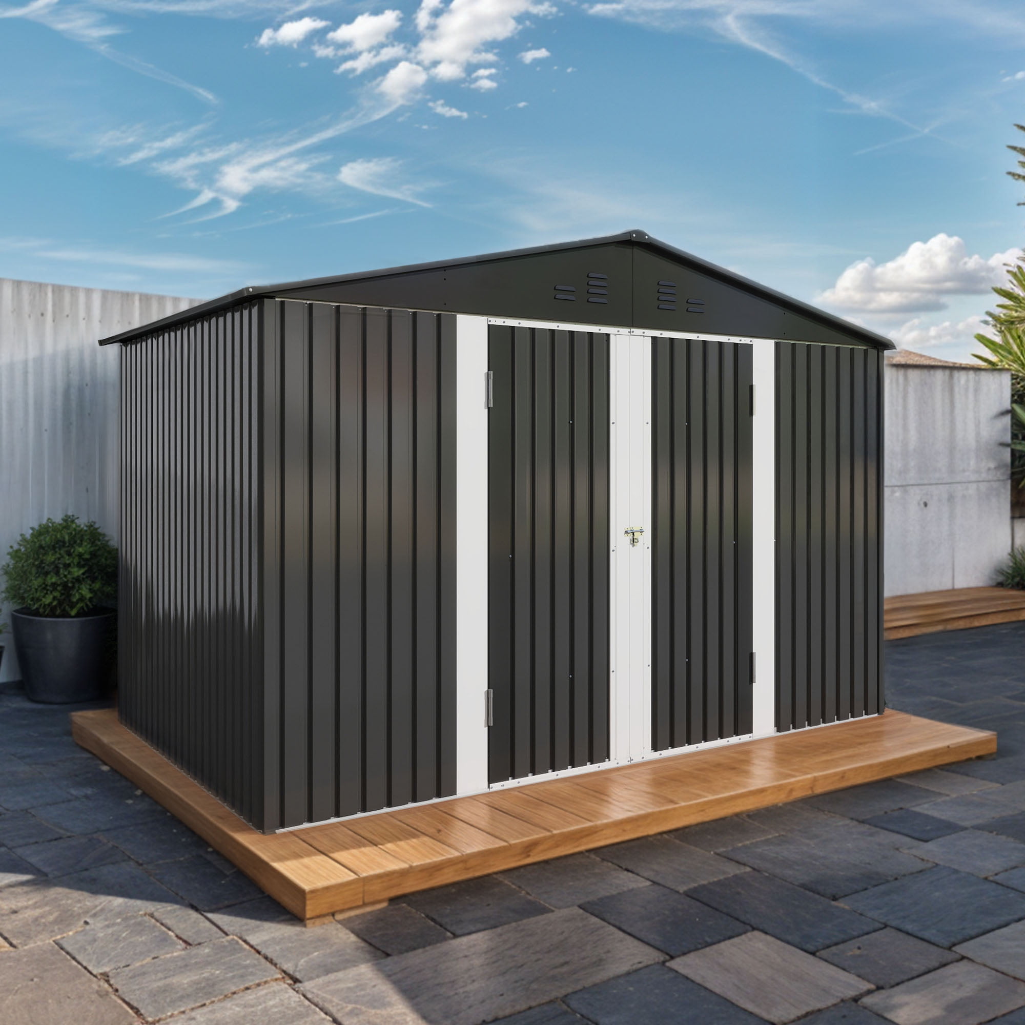 Uforic 9'x6' Outdoor Storage Shed,Metal Tool Storage Sheds w/Windows,Locking System for Garden Patio,Dark Gray