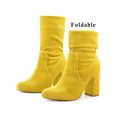 thumbnail image 6 of BLISSFUL STEP Women's Boots Foldable Faux Velvet Block Heel Mid Calf Ankle Boots Yellow 7, 6 of 7