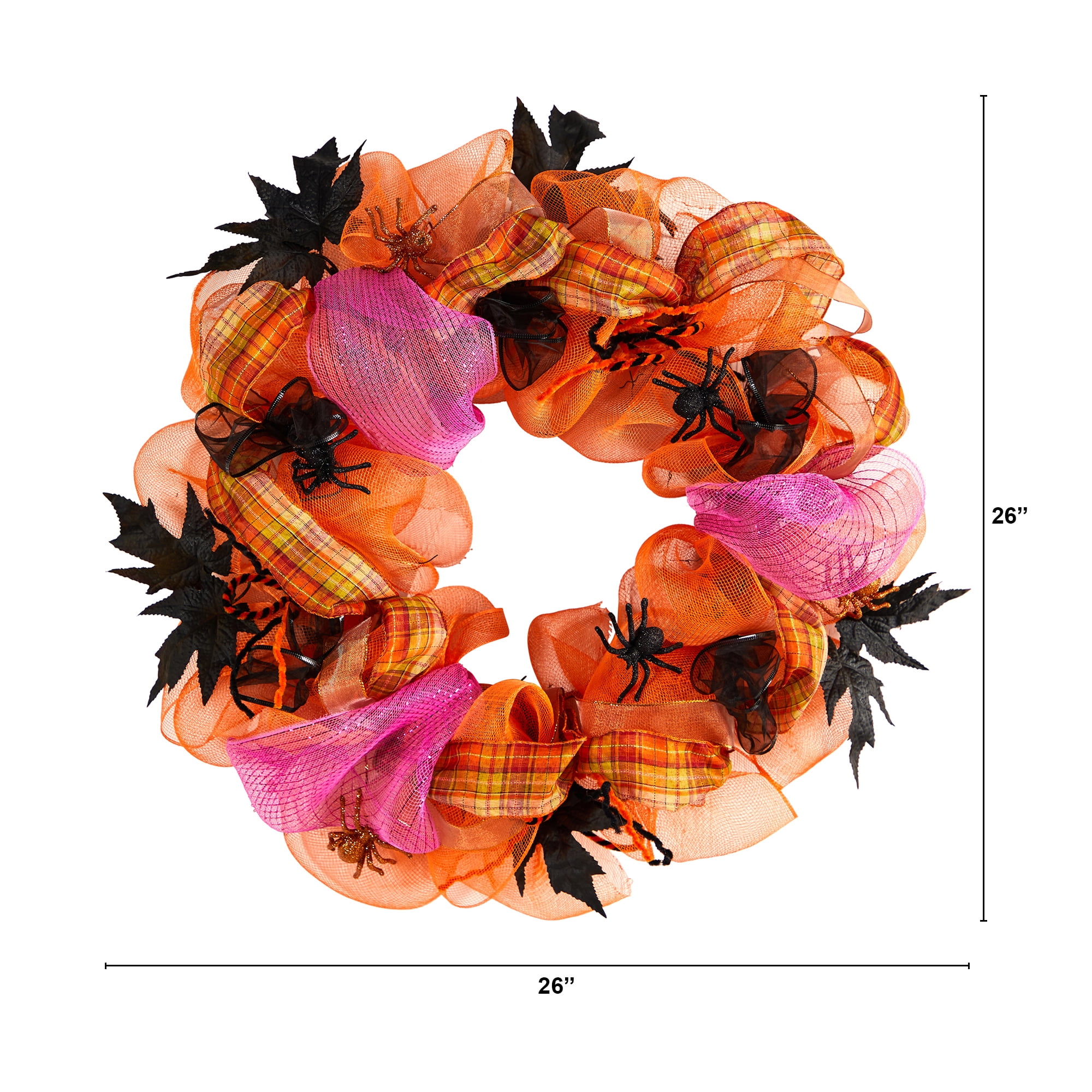 Nearly Natural 26" Halloween Spider Mesh Wreath, Orange