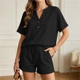 thumbnail image 4 of ZyeKqe Womens Summer Sets Button V Neck Short Sleeve Shirts Drawstring Elastic Waist Shorts Casual 2 Piece Workout Sets, 4 of 7