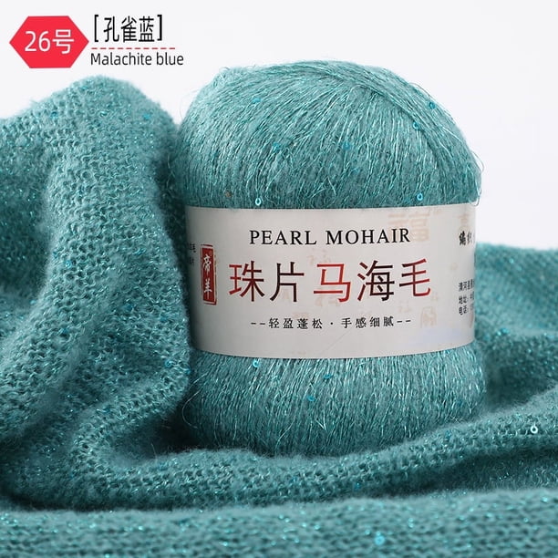 Nvzi Hilo de mohair fino de 100 g con lentejuelas para tejer a ganchillo, hilo de lana de encaje suave y esponjoso, hilo de cuentas para suéteres, chal, azul lago