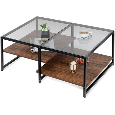 Glass Coffee Table, Multi-Level Platform with Two Heights Open Storage ...