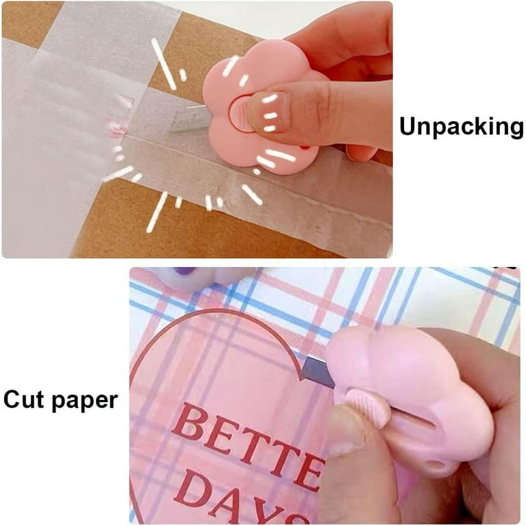 Mini Retractable Utility Knife Box Cutter, 3 Pcs Small Cute Box Opener Tool, Pocket Knives Cartoon Flower Cutter for Package, Paper and DIY Crafts
