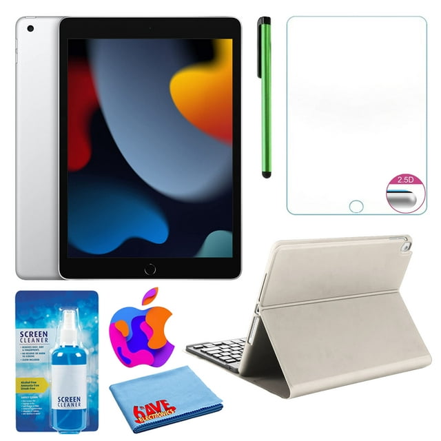 Apple 10.2" iPad (2021, 64GB, Wi-Fi, Silver) (MK2L3LL/A) Bundle with White Keyboard Case & Screen Protector