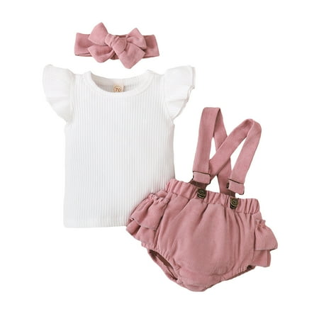 

QYZEU Outfits for Teen Girls Matching Family Pajamas Fall Toddler Girls Fly Sleeve Solid Ribbed T Shirt Tops Ruffles Suspenders Shorts Headbands Outfits