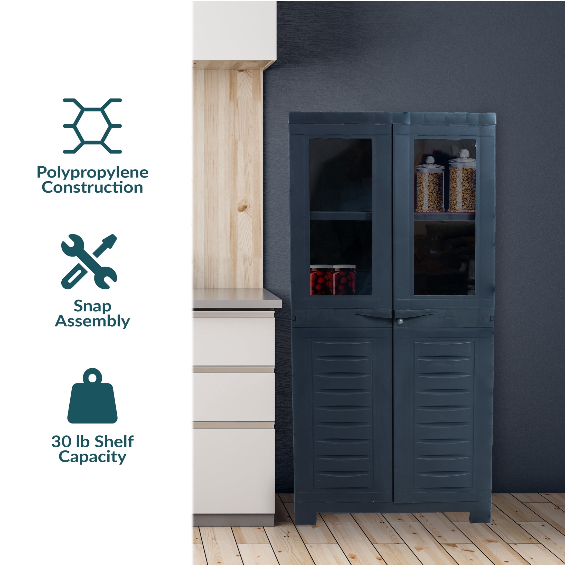 Sunnydaze Lockable Adjustable 48.75" Plastic 3-Shelf Freestanding Garage Storage Cabinet, Charcoal