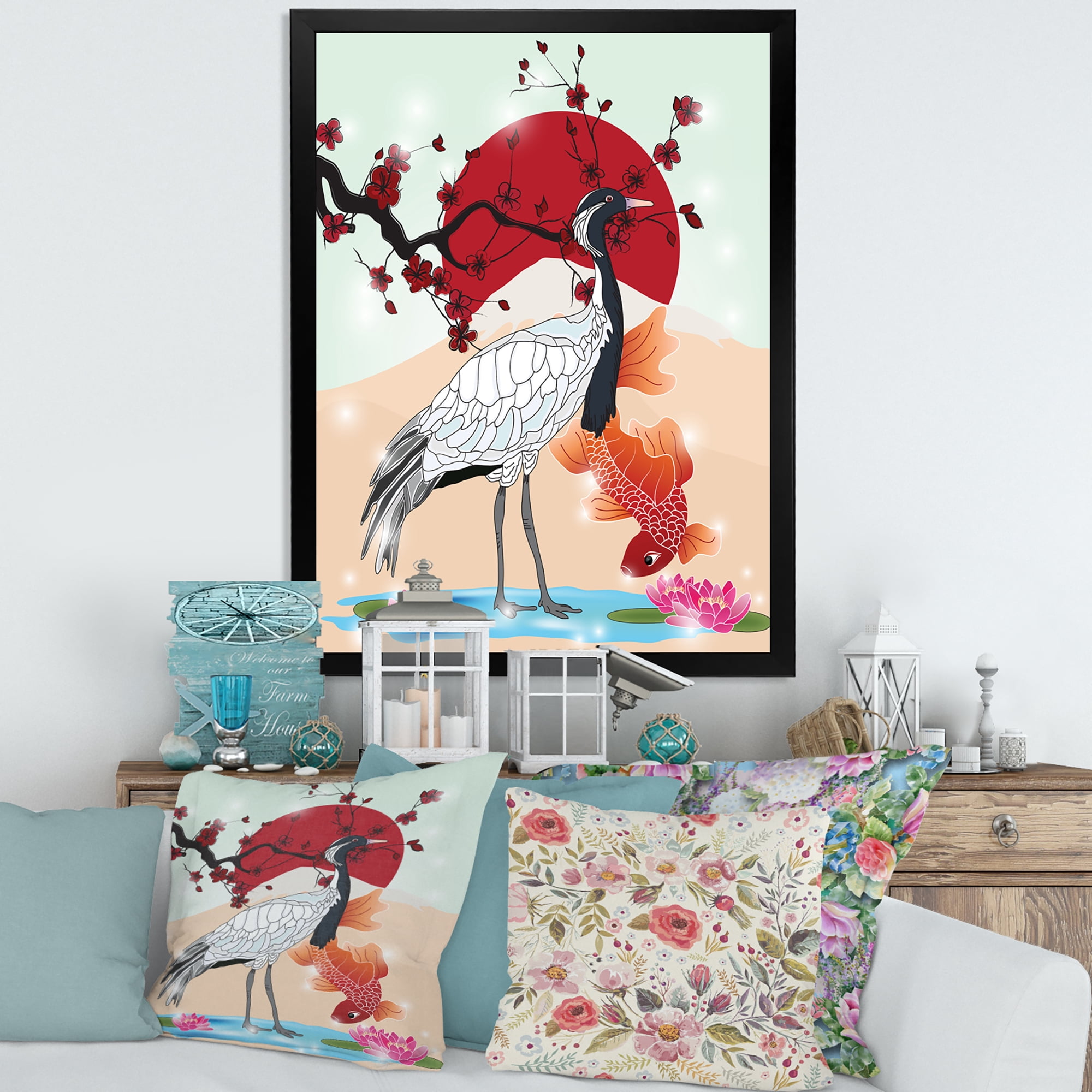 Designart 'Koi Fish With Crane Bird' Farmhouse Framed Art Print
