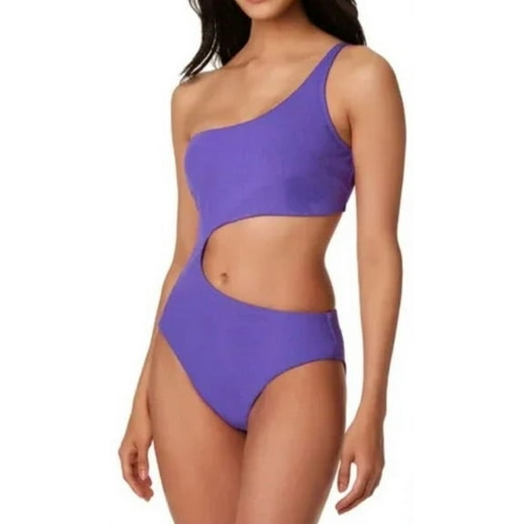 Bar III Women's Purple Micro Rib One-Shoulder Cutout One-Piece Swimsuit