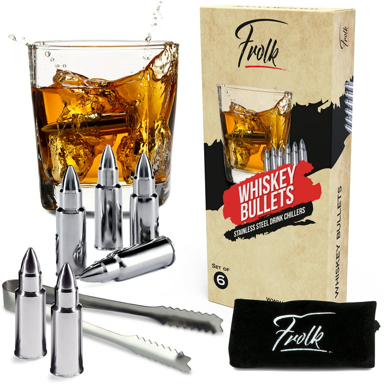 Frolk Stainless Steel Bullet Shaped Whiskey Stones Set of 6 - Chilling  Rocks - Ice Stones With Tongs And Freezer Pouch, Gift Idea for Whiskey  Lovers 