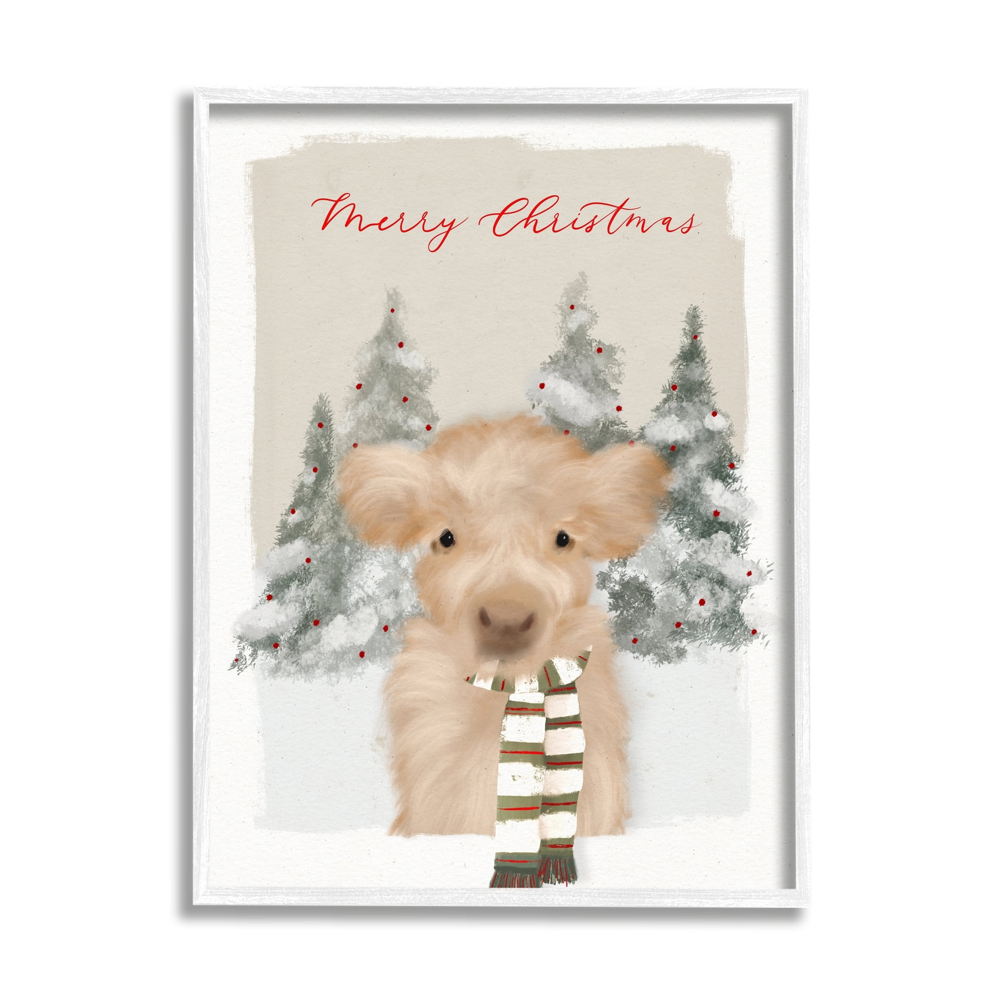 Merry Christmas Fuzzy Baby Calf Cattle Striped Scarf Animals & Insects Graphic Art Framed Art Print Wall Art