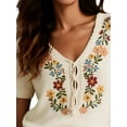 thumbnail image 2 of Short Sleeve Sweater for Women Retro Floral Mexican Embroidered Top Summer Tie Front V Neck Boho Peasant Blouse White S, 2 of 6