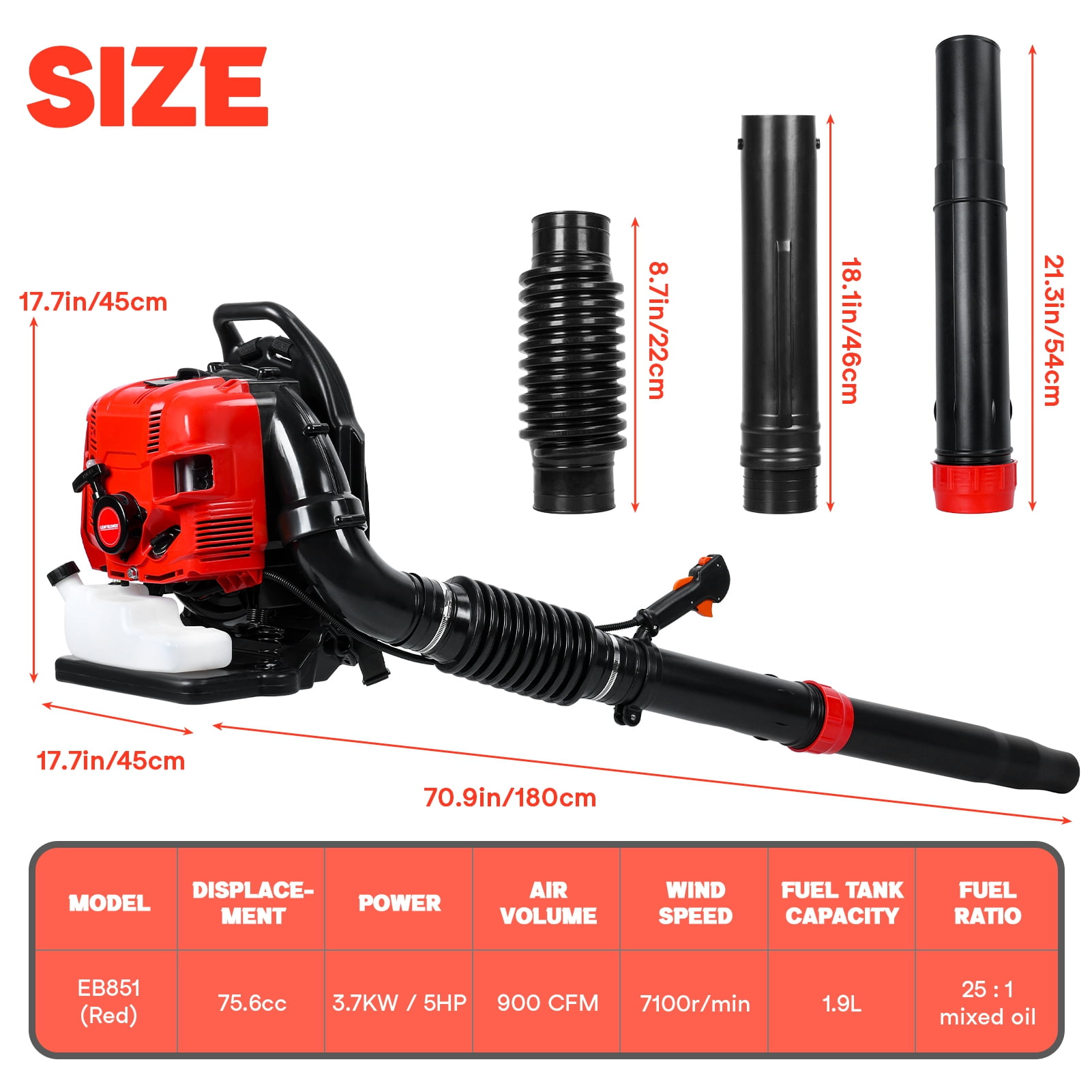 Grandest Birch  Leaf Blower with Backpack, Cordless Leaf Blowers for Lawn Care,75.6CC 4 Stroke 210 MPH  750CFM ,Backpack Snow Blower,Variable Speed,for Street Blowing Leaf,Dust, Red