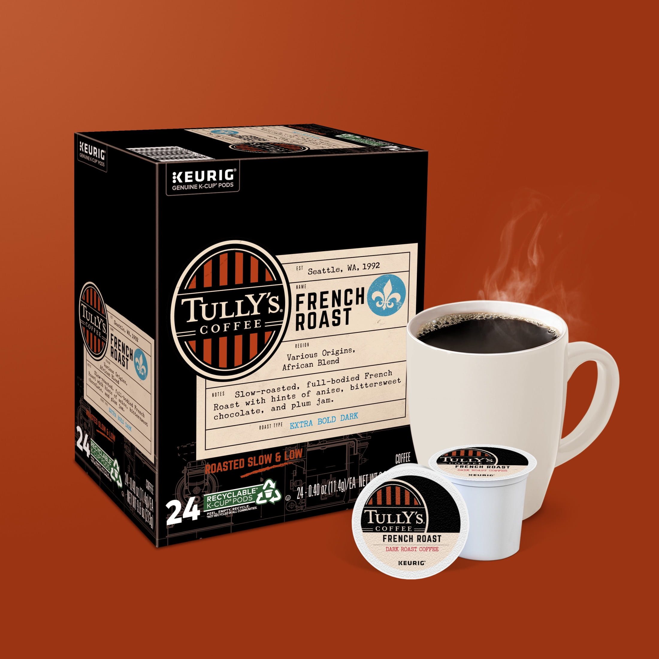 Tully's Coffee, French Roast Dark Roast K-Cup Coffee Pods, 24 Count