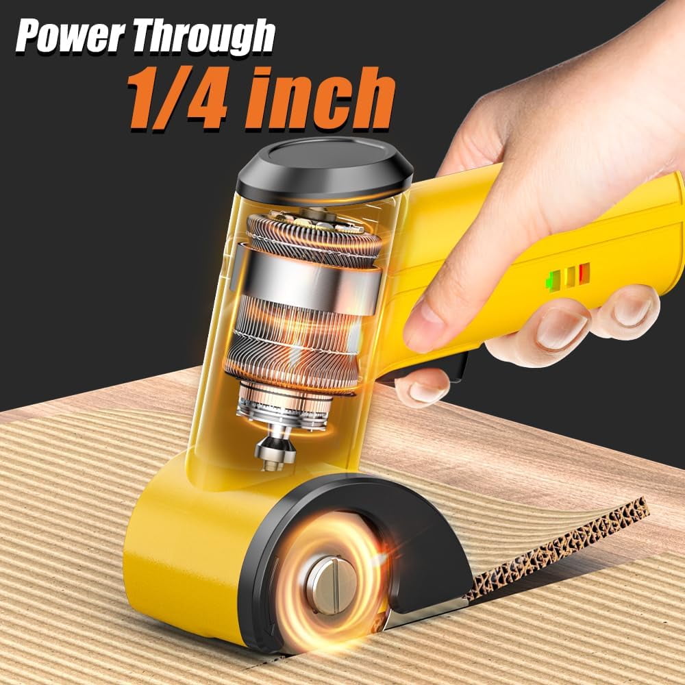 Stxxno Cordless Electric Scissors, Cardboard Box Cutter Heavy Duty, 4V Rechargeable Power Rotary Cutter with Safety Lock & LED Light for Fabric, Carpet, Paper or Leather, Orange