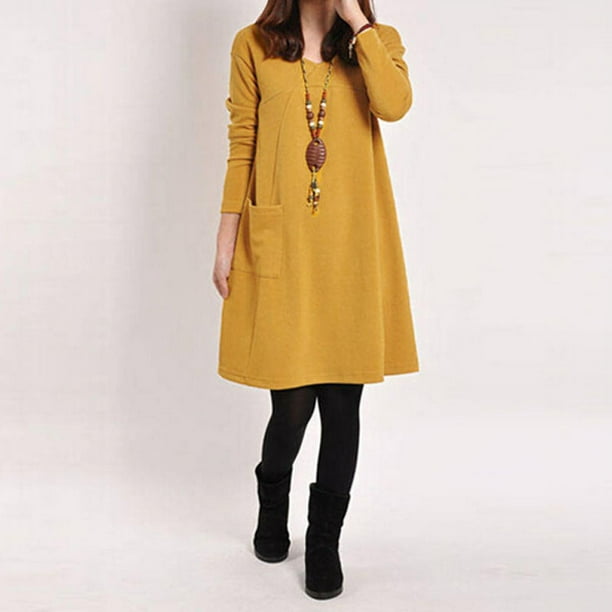 Otoño Invierno vestido de las mujeres del tamaño extra grande de manga larga bolsillos Carevas Vestido de manga larga para mujer