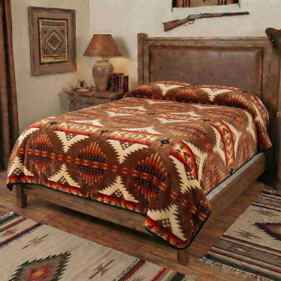 NATIVO Plush Flannel 2plyBlanket Brown Tribal Queen Size , 80"x86"