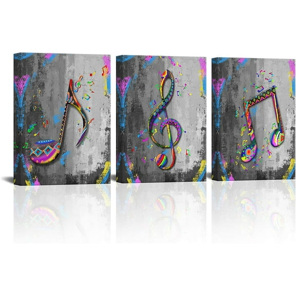 3 Pieces Wall Art Music Art Print Canvas Colorful Musical Notes Painting Wall Decor Black and White Music Poster Framed for Classroom Home Living Room Bedroom Decor Ready to Hang