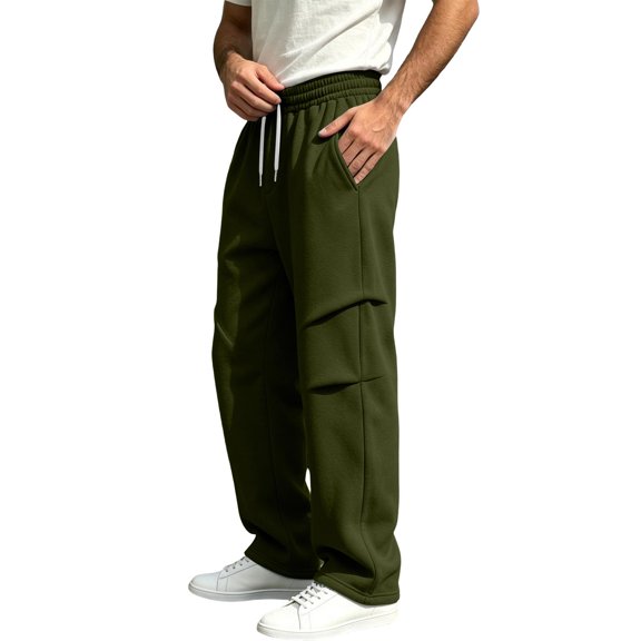 Iyufng Men's Knee Pleated Detail Wide Leg Casual Sweat Pants Drawstring Elastic Waist with Side Pockets