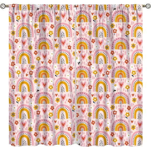 Rainbow Curtains for Kids Room, Boho Childish Pink Rainbow Flower Print Rod Pocket Blackout Window Treatments Drapes for Boys Girls Bedroom Living Room Playroom Nursery42x54in