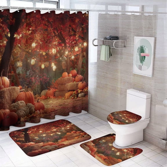 4 Pcs Shower Curtain Sets Shower Curtain Set with Rugs Fall Harvest Thanksgiving Pumpkin Durable And Waterproof Seasonal Fall Harvest for Bathroom Decor Sets