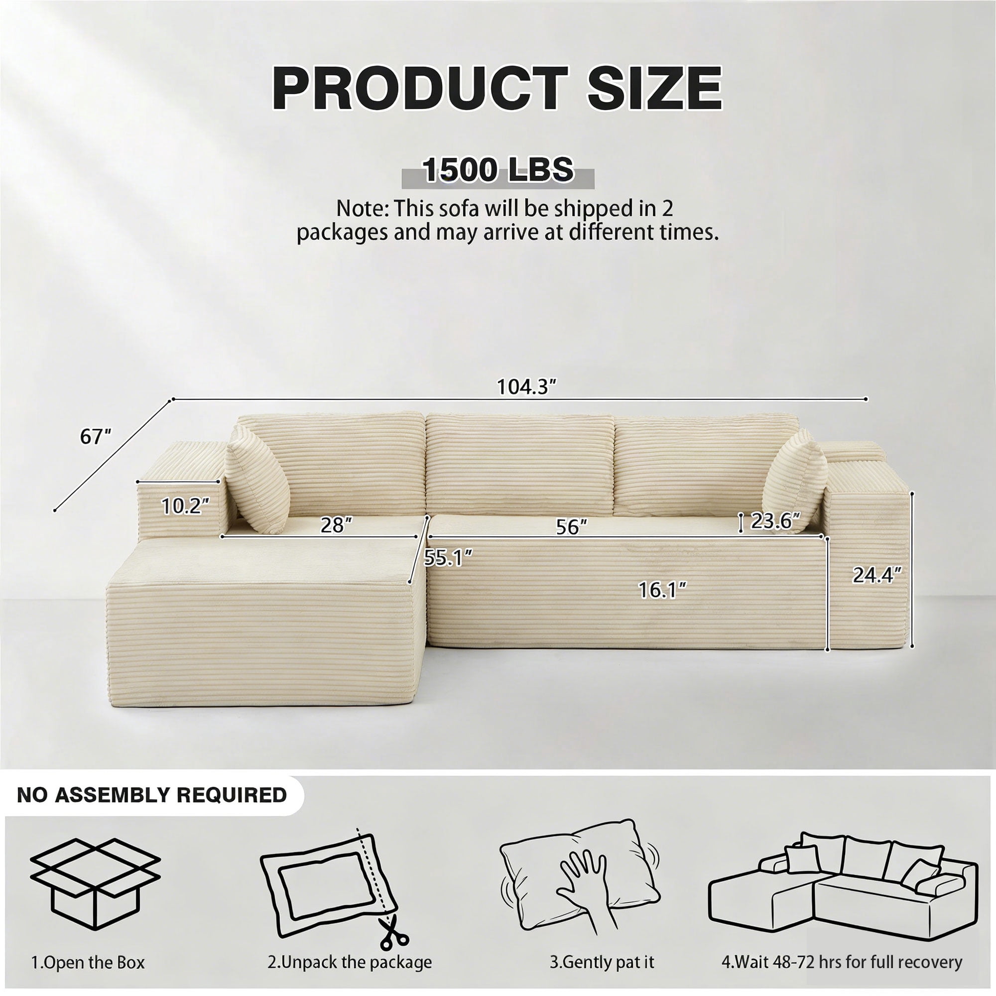 ROOMARK 104.3" L Shaped Sofa Modular, Corduroy Cloud Couches with Deep Seats &High-Back, Upholstered Couches for Living Room Bedroom with Chaise, No Assembly Required