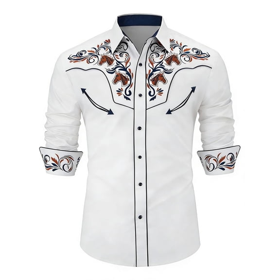 Mens Casual Tops Western Cowboy Long Sleeve Embroidered Button Down Mens Activities Shirt,White,3XL