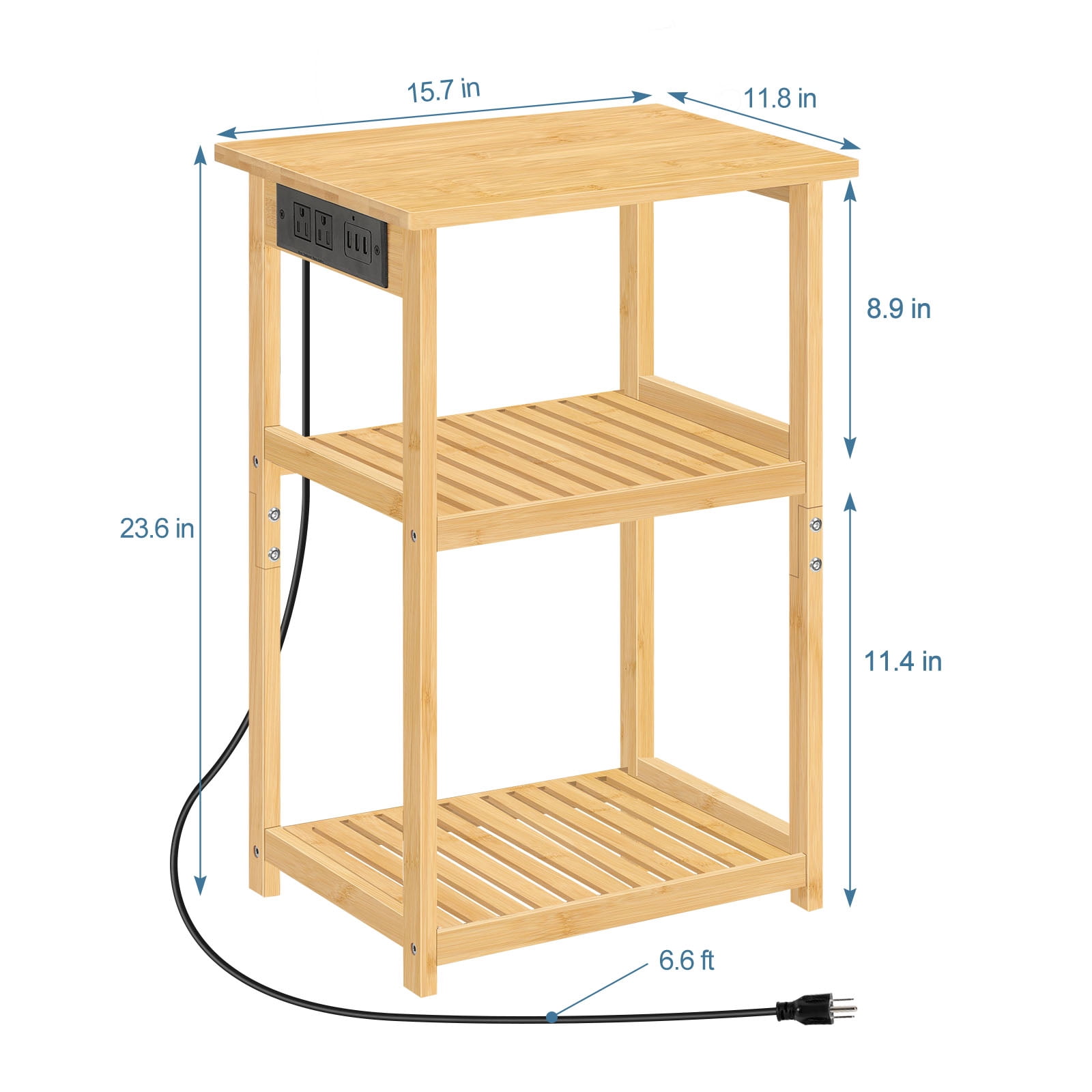 2 Pack Wood Bamboo Nightstand with Charging Station, 3鈥慣ier Open Shelf End Table for Bedroom Living Room