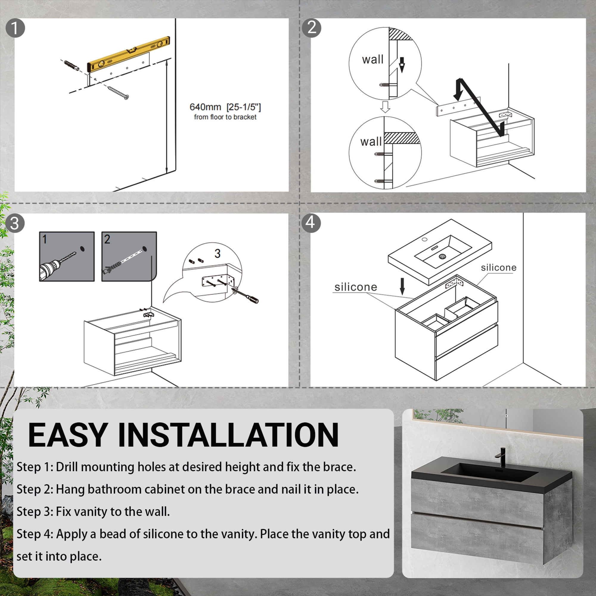 Demi Bonn 41" Floating Bathroom Vanity with Sink, Black Quartz Sand Top Basin and 2 Soft Close Drawers, Faucets and Drains Not Included, Gray