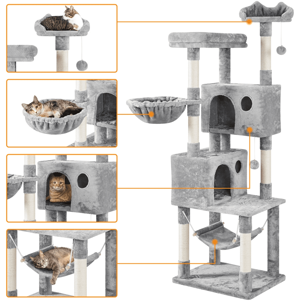Alden Design 73"H Multi-Level Cat Tree Tower with Condos and Perches, Light Gray