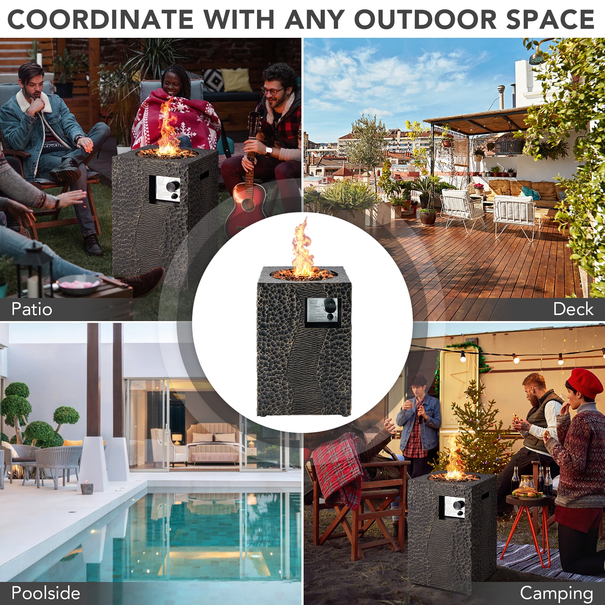 Costway 16'' Square Outdoor Propane Fire Pit w/Lava Rocks Waterproof Cover 30,000 BTU Black