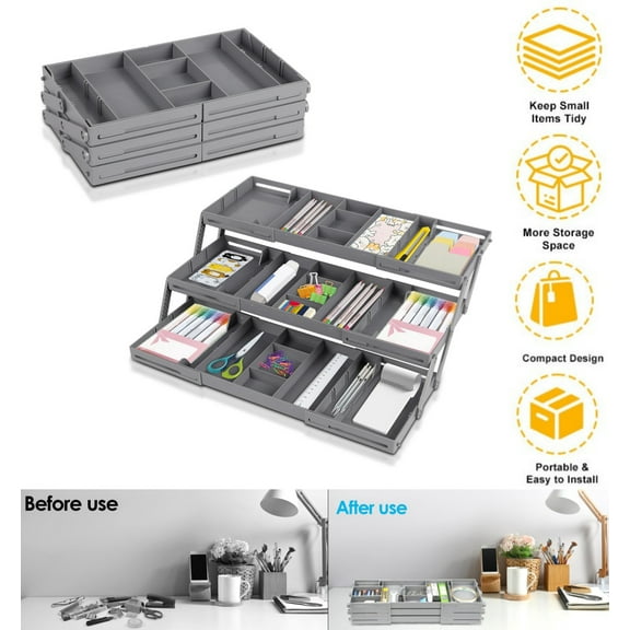 3-Tier Expandable Drawer Organizer, Multi-Level Folding Smart Organizer for Makeup, Suitable for Kitchen Sundries and Jewelry Storage
