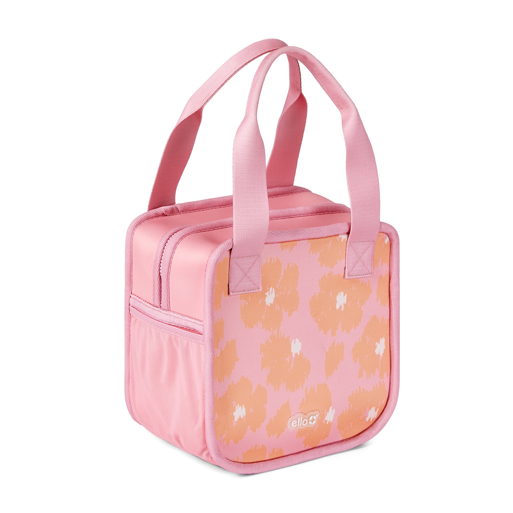 Ello Floral Insulated Neoprene Lunch Tote with Zipper, Orange/Pink