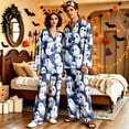 thumbnail image 2 of DORKASM Halloween Couple Pajamas Matching Sets Long Sleeve Pajama Set for Women & Men Button-Down V-Neck Sleepwear House Wear Light Blue L, 2 of 6