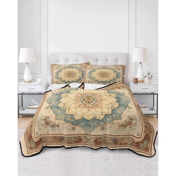 Quilts Queen Size, Brown Teal Floral Soft Comforter Bedding Set for Bed, Vintage Botanical Ethnic Boho Lightweight Quilted Bedspread with Pillow Cover(2 Pieces) for All Season, 90x96 Inch