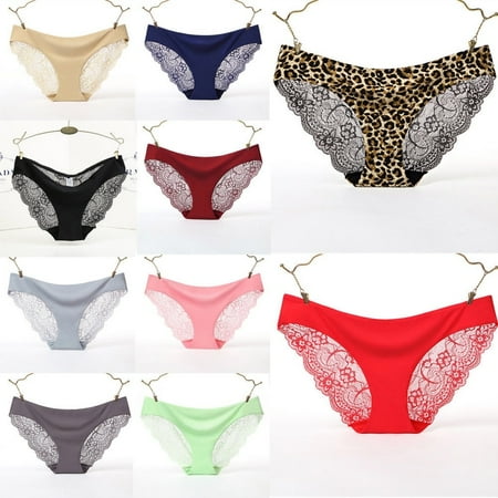 

Sexy Women Lace Leopard Grain Lingerie Briefs Lady Seamless Panties Solid Ice Silk Underwear