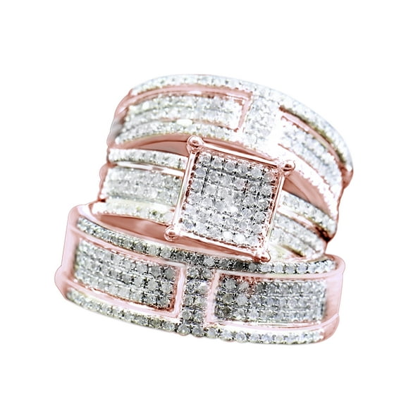 AFFY White Natural Diamond Engagement & Wedding Trio Band Ring Set In 10k Rose Gold (1.1 Cttw)