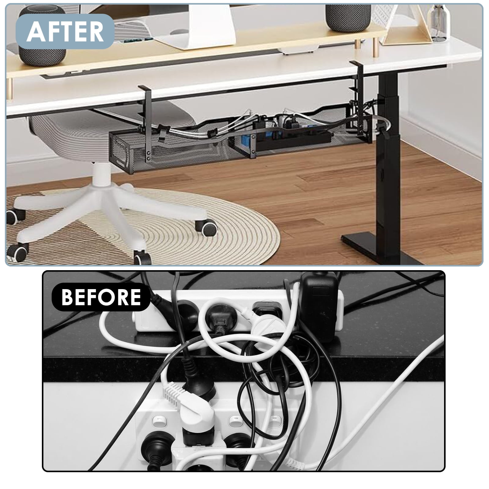 LOVJOYSE Cable Management, 25'' Cable Management Under Desk No Drill, Metal Cord Organizer with Clamp for Standing Desk, Cable Organizer for Home Office, Black