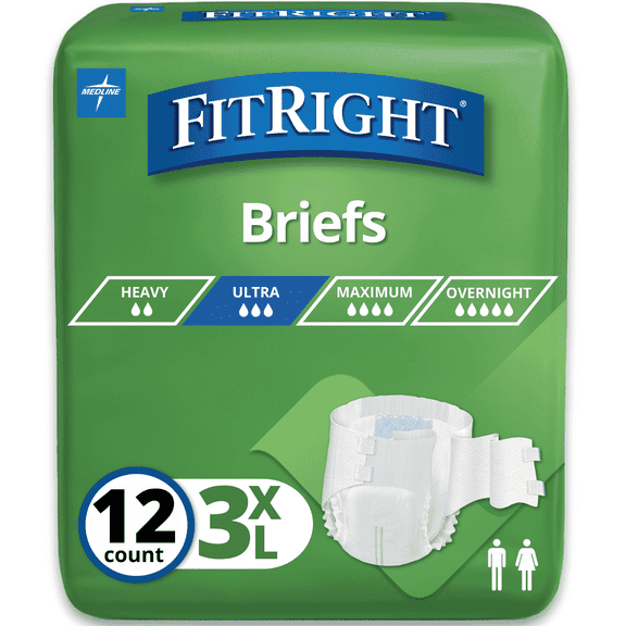 FitRight Bariatric Adult Incontinence Briefs, Diapers with Tabs, Super Absorbent, 3XL, 65in to 84in, 12 Count