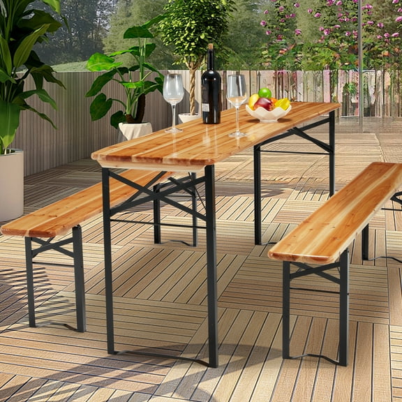 AVAWING 3PC Portable Table Bench Set, 70" Beer Table with Seating Set, Wooden Picnic Dining Table Set for Patio Activities
