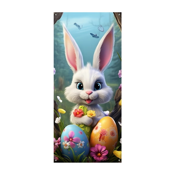 Easter Door Cover, Large Bunny Fabric Door Decoration, Colorful Spring Welcome Decoration for Easter Party Photo Booth Background