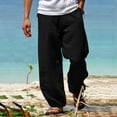 thumbnail image 2 of Admvng Linen Pants Men Solid Color Elastic Waist Drawstring Breathable Loose Beach Trousers with Zipper M-3XL, 2 of 3