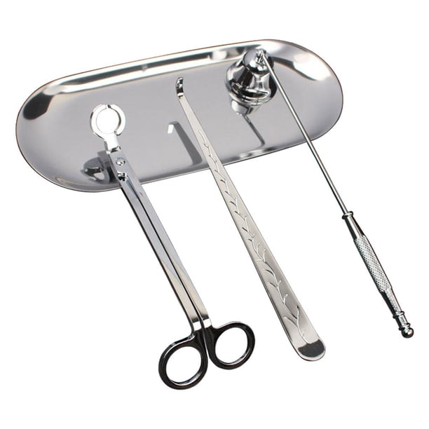 Juego de 4 tijeras para recortar, apagar y vaciar velas, ideal para bodas y hogar. Color plata. Plata+Bandeja