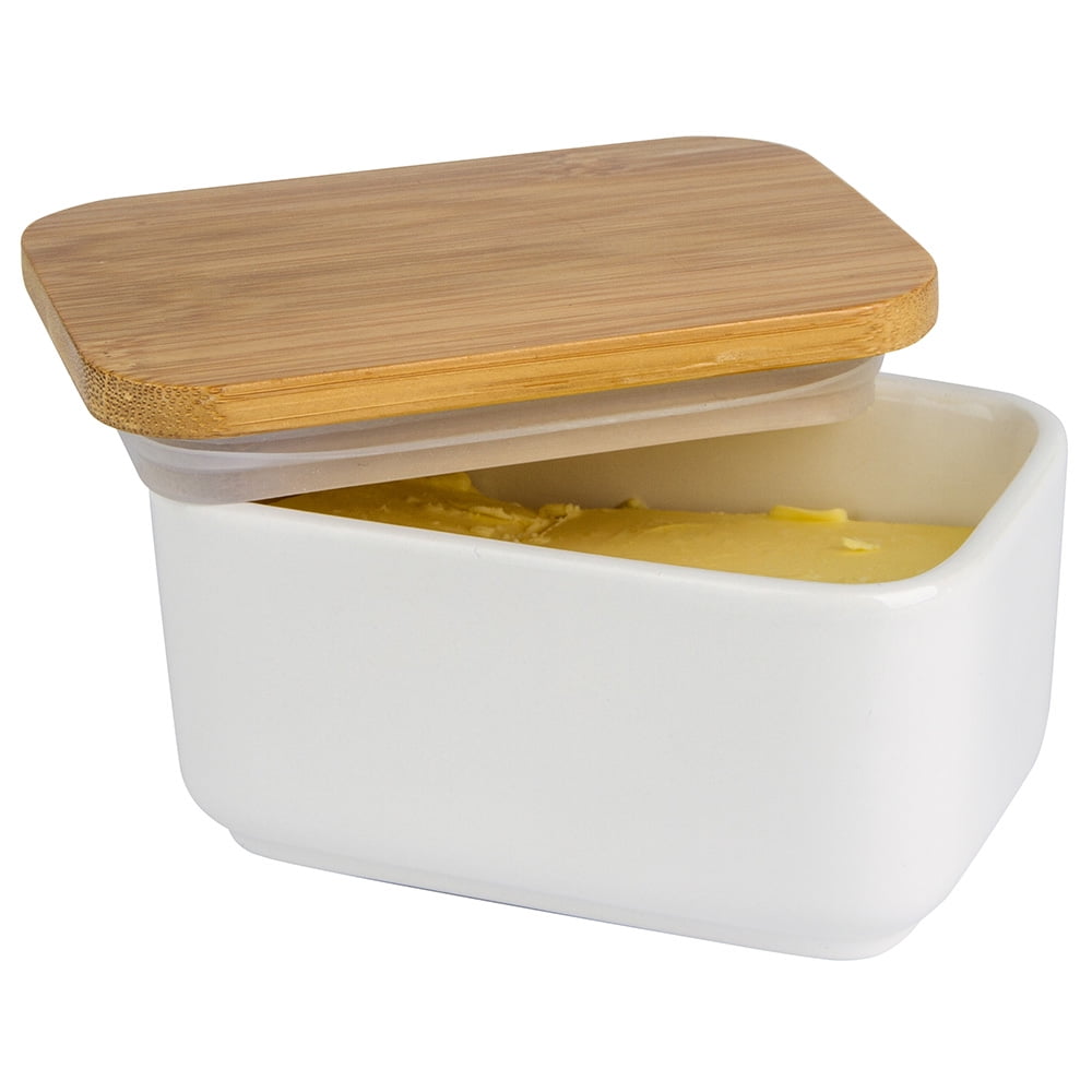 Porcelain Butter Dish with Lid,Ceramic Butter Dish with Bamboo Lip