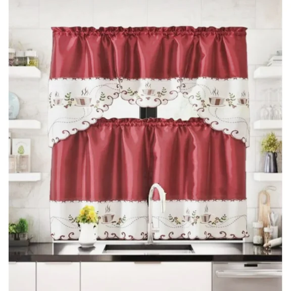 Gorgeous Home Linen Set of 3 Pieces Kitchen Window Curtain Embroidery Floral Multicolor 2 Tier   1 Swag Valance for Kitchen (BR31 -Cup Coffee)