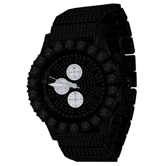Solitaire Prong Simulated Diamond 18K Black W/Black CZ Gold Finish 5 ATM Water Resistant Solid Stainless Steel Back Mens Pave Metal Watch W/Date Function