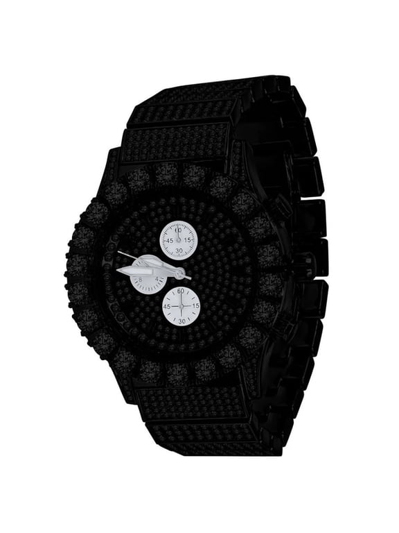 Solitaire Prong Simulated Diamond 18K Black W/Black CZ Gold Finish 5 ATM Water Resistant Solid Stainless Steel Back Mens Pave Metal Watch W/Date Function