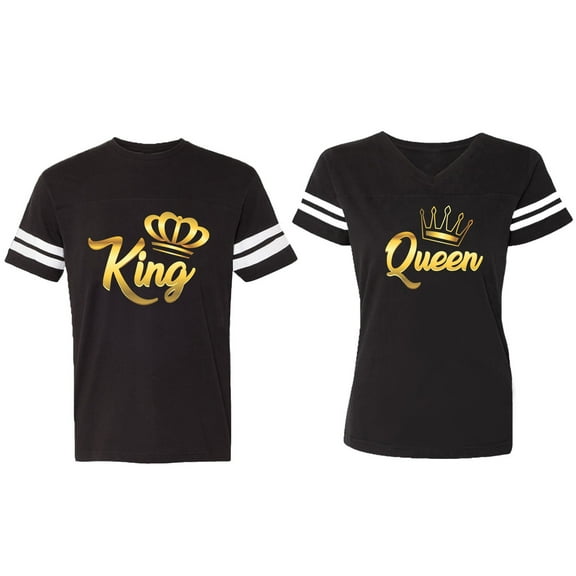 King Queen Gold Matching Couple Cotton Jerseys (Men Black / Women Black) (Men S / Women S)